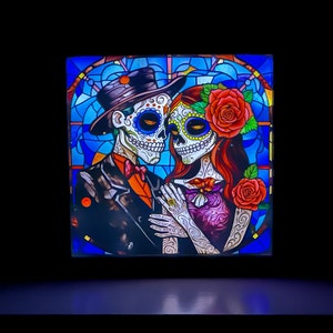 Stained Glass Style Sugar Skull Couple Shadow Box, Sugar Skull Couple, Fall Decor, Day Of The Dead Decor, Halloween Wall Decor, Sugar Skulls