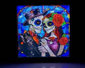 Caja de sombras con forma de pareja de calaveras de azúcar estilo vitral, pareja de calaveras de azúcar, decoración de otoño, decoración del Día de Muertos, decoración de pared de Halloween, calaveras de azúcar