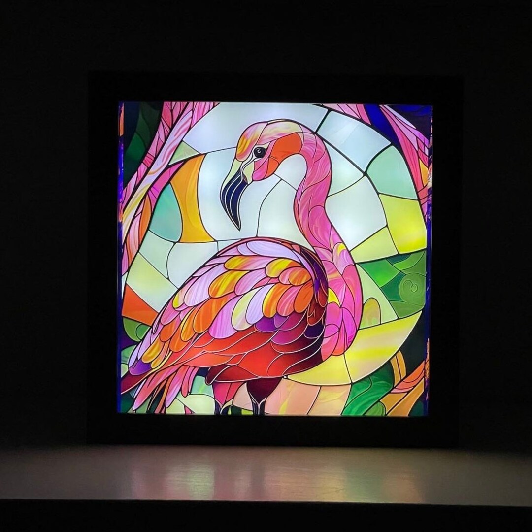 Light up Pink Flamingo Stained Glass Shadow Box, Flamingo Home Decor
