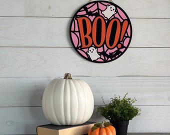 BOO! Halloween Door Sign, Pink Halloween, Fall Front Porch Signs