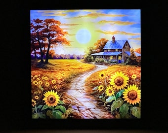 Caja de sombras iluminada de Sunflower Farm: decoración rústica para un atardecer otoñal