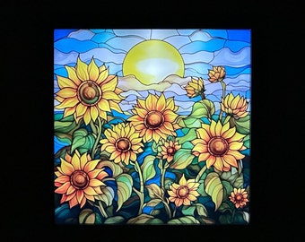 Caja de sombras de girasol iluminada, decoración otoñal, decoración de girasoles, atardecer con girasoles, girasoles, girasol de vitral, decoración rústica de granja
