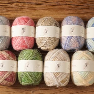 May include: Nine oval-shaped balls of yarn arranged in two rows. Each ball features a white paper band with printed text and a small graphic. The yarn displays a variegated color palette including shades of blue, pink, beige, green, and yellow.