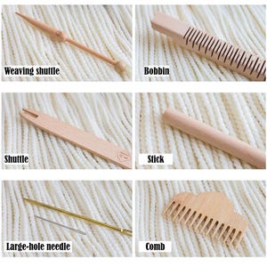 May include: A collection of six light-colored wooden weaving tools including a weaving shuttle, a bobbin, a shuttle, a stick, a large-hole needle, and a comb. Each tool is labeled with its name in black text on a white background.