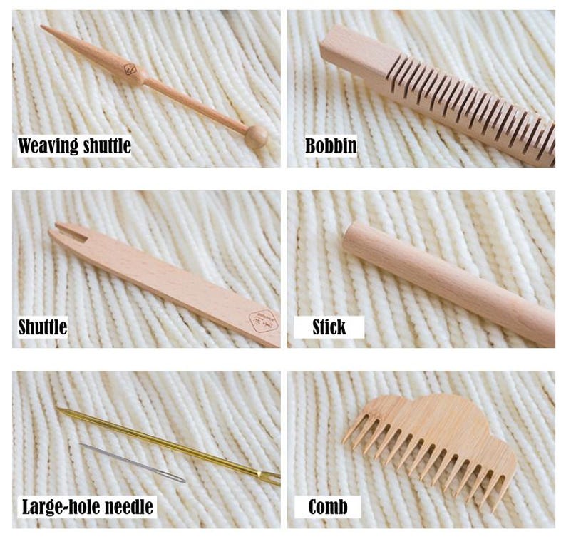 May include: A collection of six light-colored wooden weaving tools including a weaving shuttle, a bobbin, a shuttle, a stick, a large-hole needle, and a comb. Each tool is labeled with its name in black text on a white background.