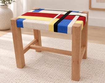 Handwoven Beech Wood Stool, Geometric Color Block Seat, Bauhaus Inspired Accent Furniture