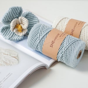 May include: Two spools of light blue and off-white macrame cord with brown labels that read "SHEweave". A crocheted flower and leaf are in the background. The image is on an open book.