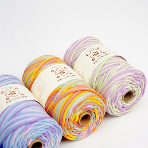 May include: Three colorful yarn spools. The yarn is a mix of rainbow colors, including orange, yellow, blue, and purple. Each spool has a paper label with text and a logo. The yarn is tightly wound, showing the texture of the material.