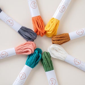 Puede incluir: Ocho madejas de hilo de bordar dispuestas en un patrón circular. Los colores incluyen naranja, amarillo, marrón, blanco, verde, azul cerceta, rosa y gris oscuro. Cada madeja está sujeta con una banda de papel blanco con un logo circular y texto.