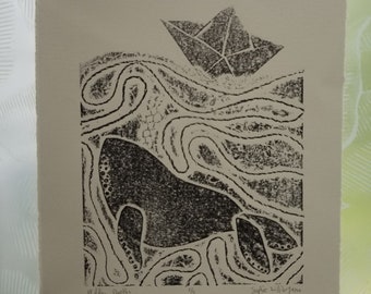 Whale with Boat // Collagraph Relief Print