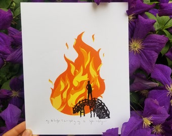 Bridge on Fire // Linoleum Reduction Print