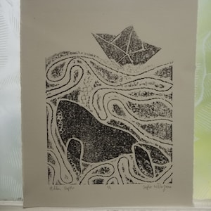 Walvis met boot//Collagraph reliëf afdrukken