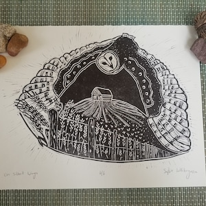 Owl in Flight // Linoleum Relief Print