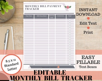 Editable Monthly Bill Payment Tracker,Bill Tracker, Bill Payment,Bill Organizer,Monthly Bill Tracker,Payment Tracker,Bill Checklist