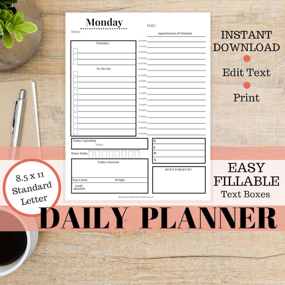 Editable Daily Planner Printable Editable Checklist Editable