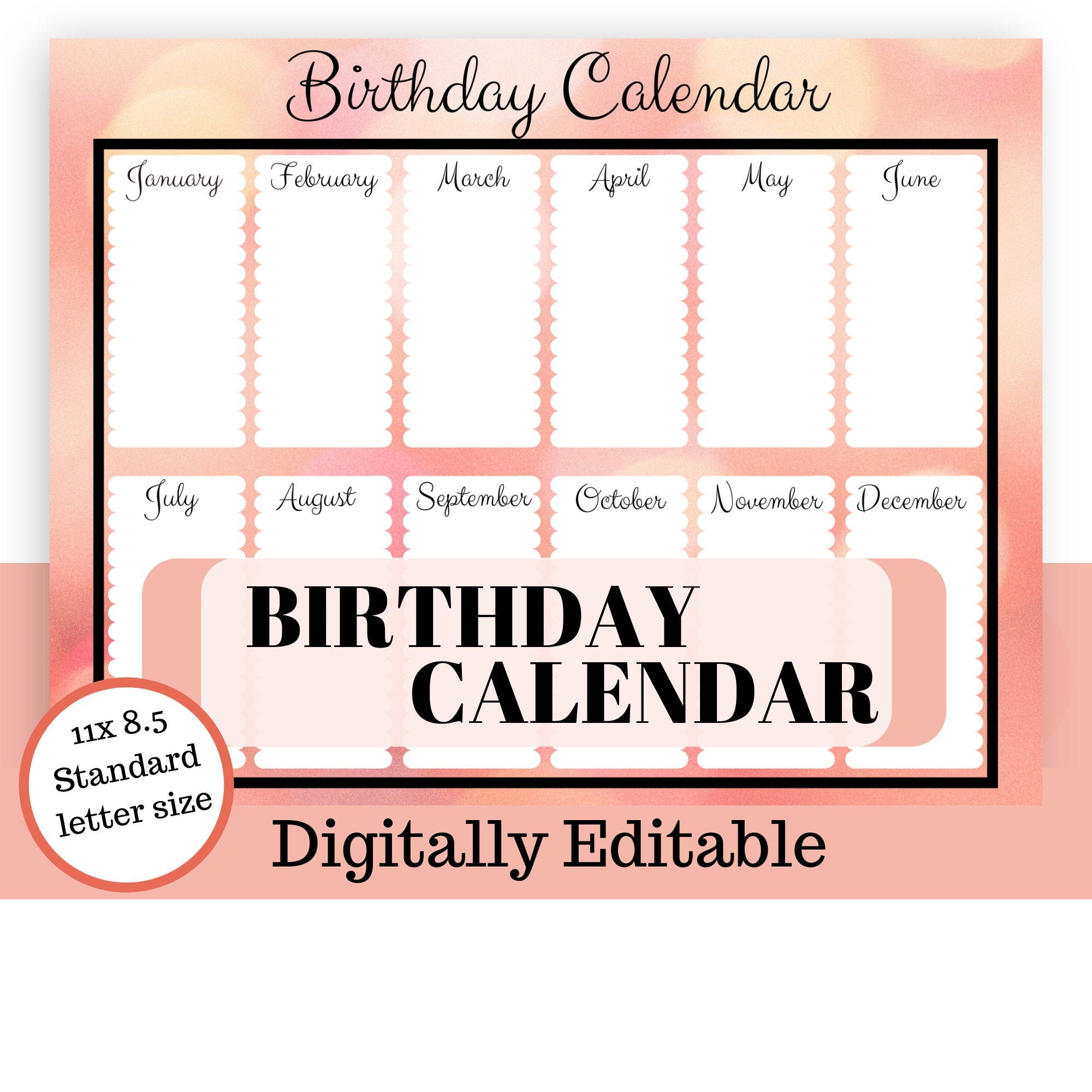 Editable Birthday Calendar Printable birthday Calendar Etsy