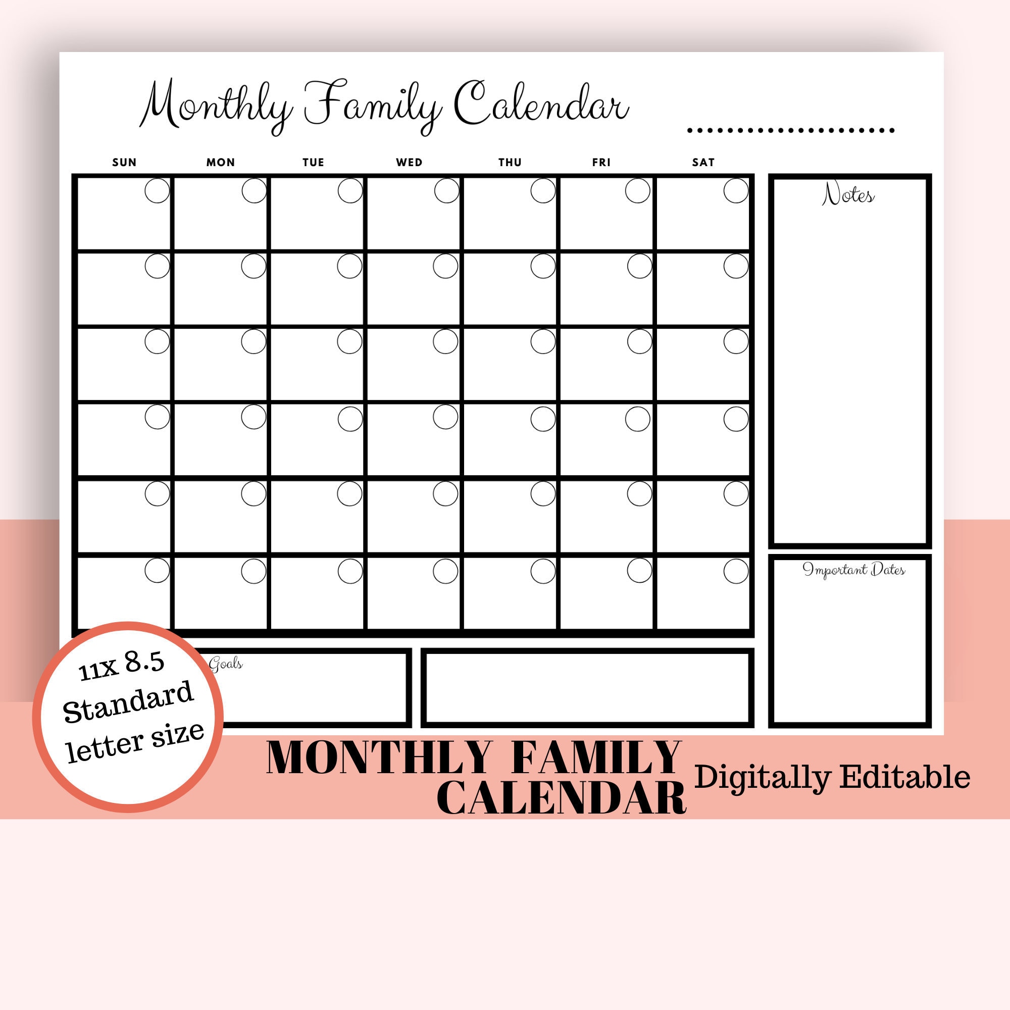 Editable Monthly Family Calendar Printable Wall Calendar Etsy