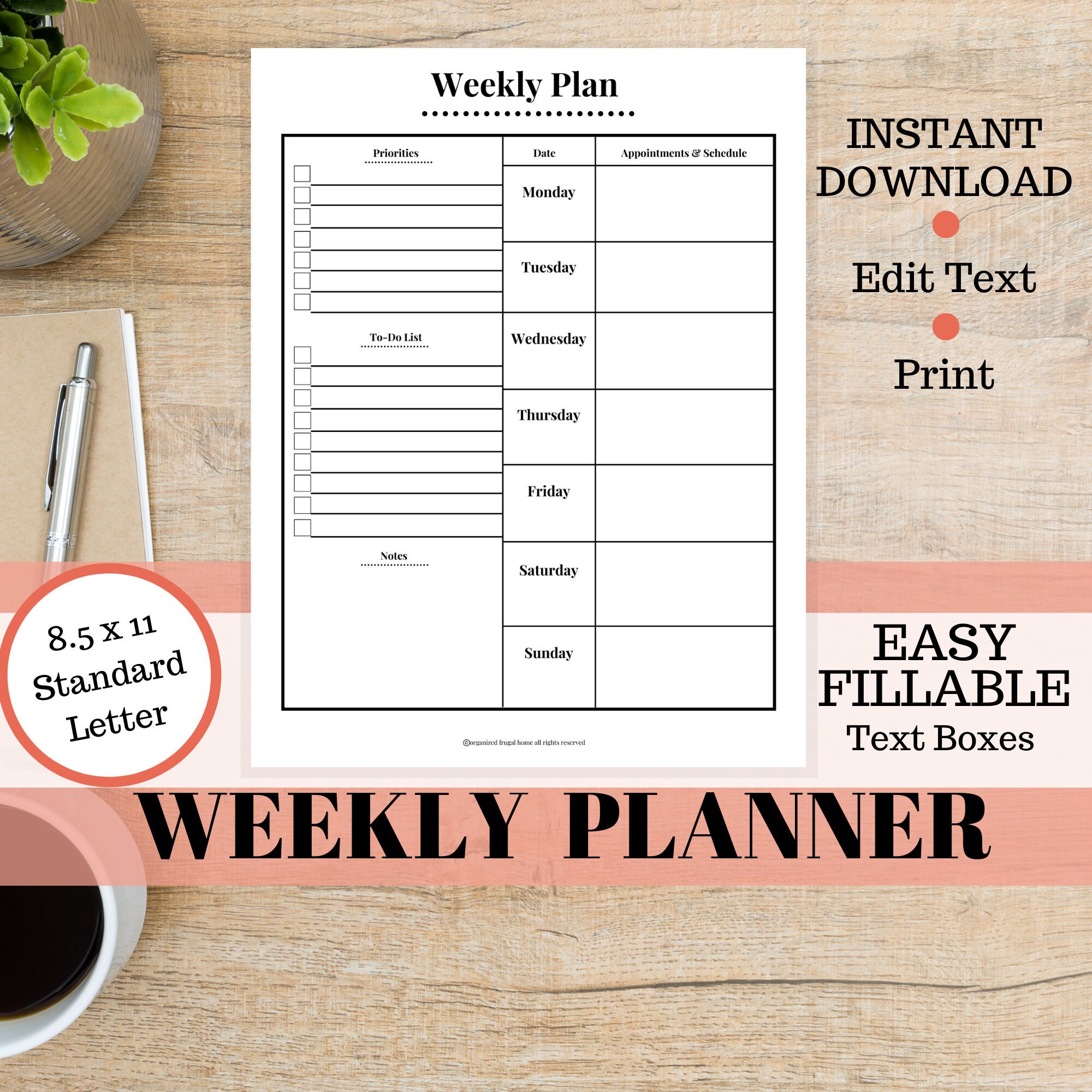 editable weekly planner printable monday start weekly planner etsy australia