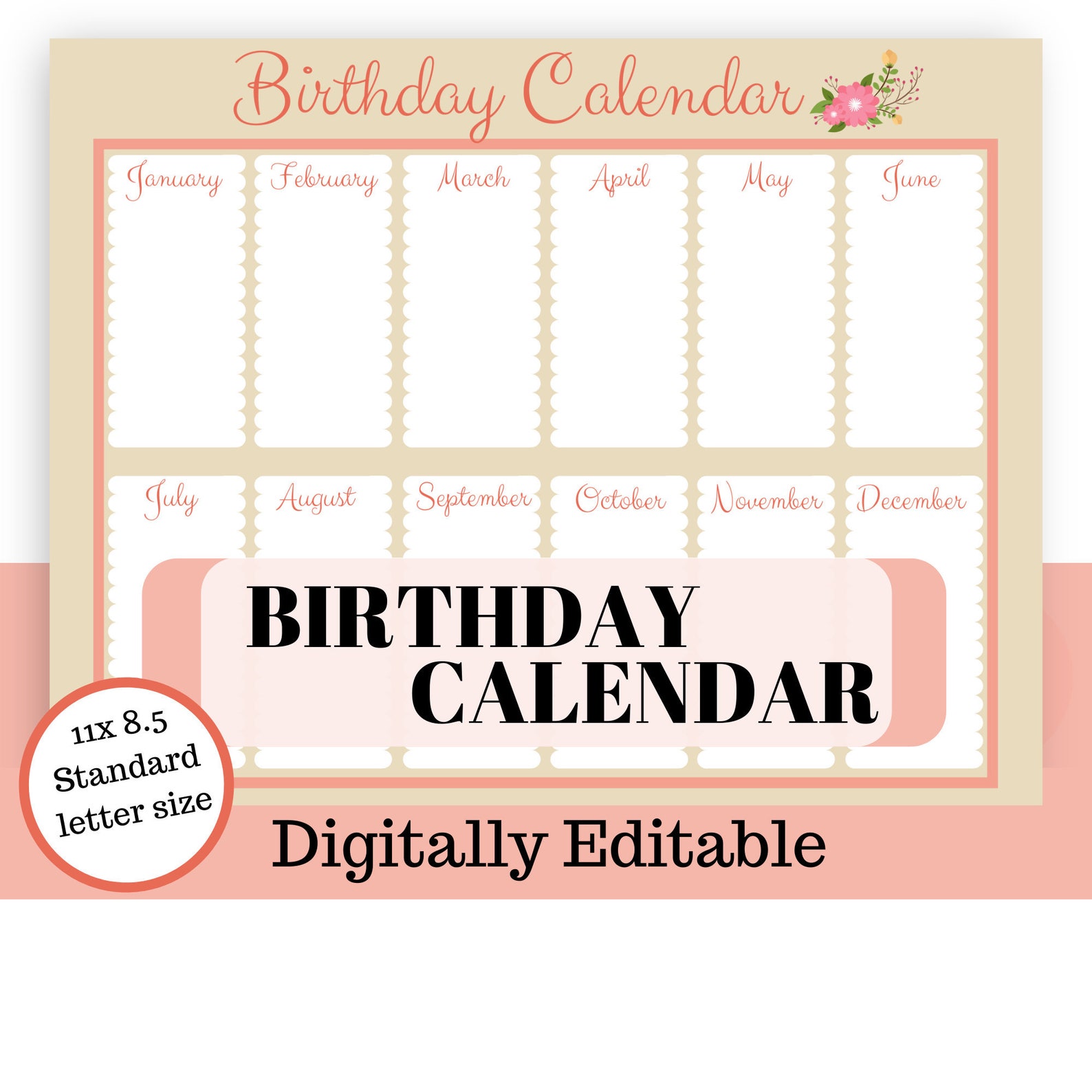 birthday calendarbirthday calendar printable editable etsy