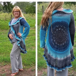 May include: A blue and gray crocheted cardigan with a scalloped hem and a large circular design on the back.