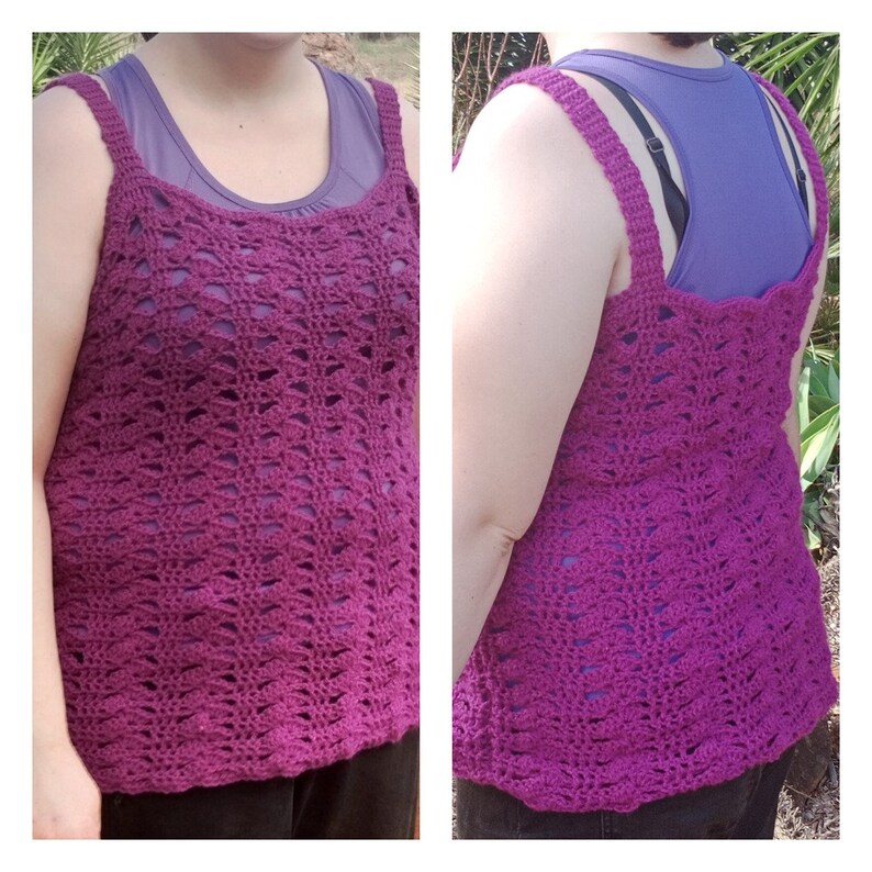 May include: A purple crochet tank top with a delicate openwork pattern. The tank top is sleeveless and has a scoop neck.