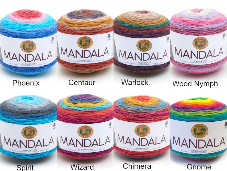 May include: Eight skeins of Lion Brand Mandala yarn in various color combinations. The yarn is arranged in two rows of four skeins. The colors include blue, teal, pink, orange, red, yellow, green, and purple. The yarn is labeled "MANDALA" with the Lion Brand logo.