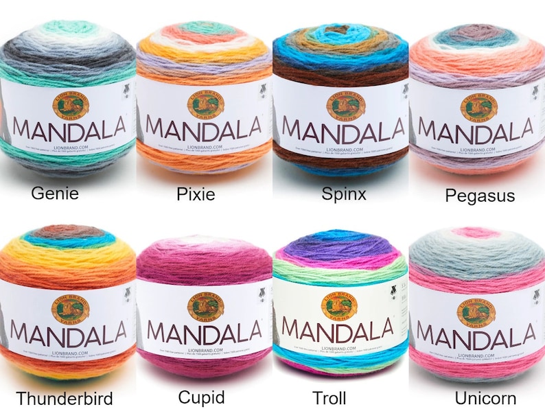 May include: Eight balls of Lion Brand Mandala yarn in various color combinations, including Genie, Pixie, Spinx, Pegasus, Thunderbird, Cupid, Troll, and Unicorn.