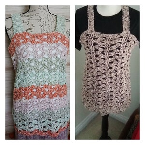 May include: Two crocheted tank tops, one in a multi-colored striped pattern with orange, green, and pink, and the other in a solid light pink color.