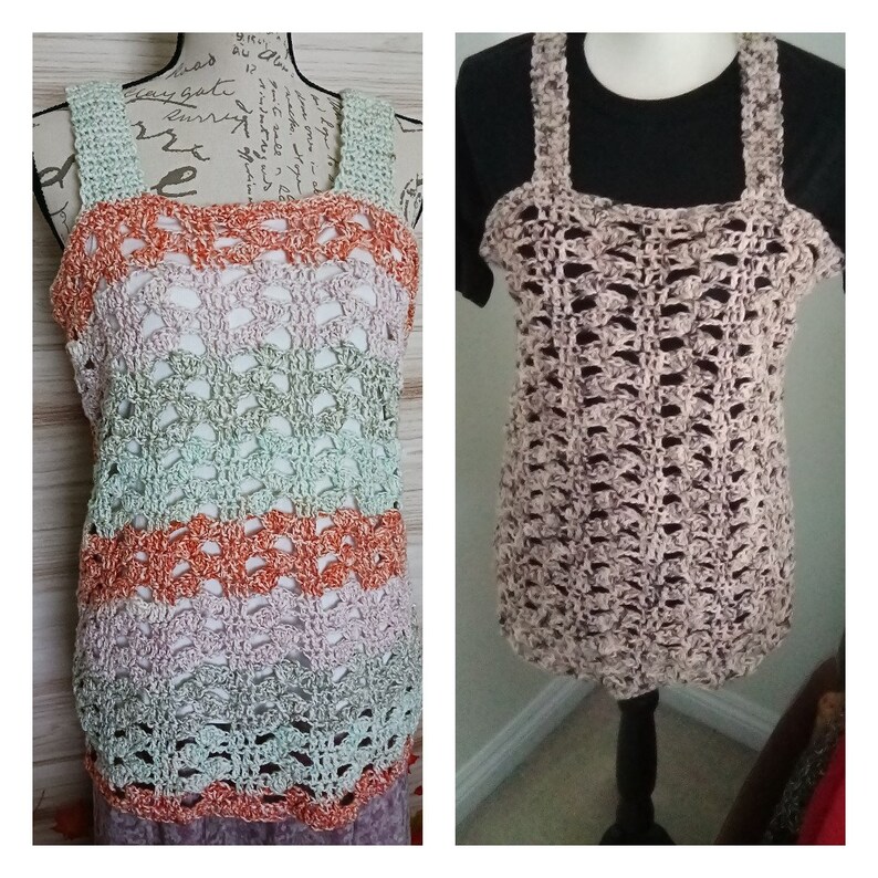 May include: Two crocheted tank tops, one in a multi-colored striped pattern with orange, green, and pink, and the other in a solid light pink color.