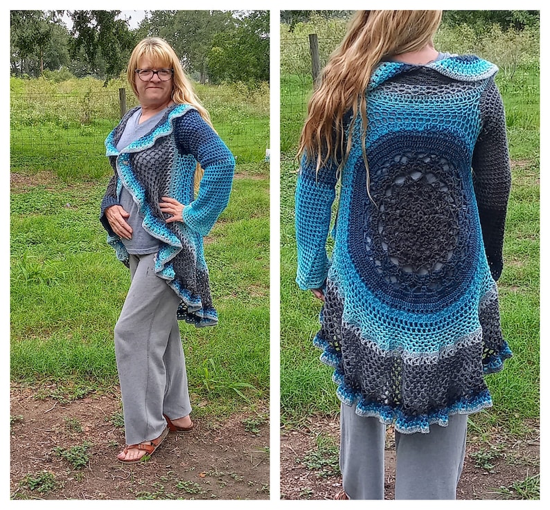 May include: A blue and gray crocheted cardigan with a scalloped hem and a large circular design on the back.