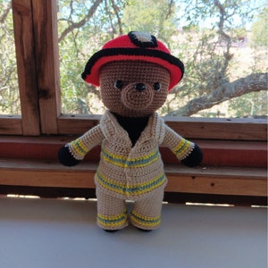 Crocheted Fireman Teddy Bear Plushie: Acrylic Yarn Stuffed Toy