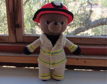 Crocheted Fireman Teddy Bear Plushie: Acrylic Yarn Stuffed Toy