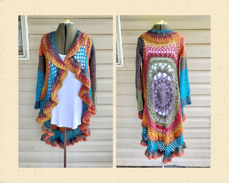May include: A long, multi-colored crochet cardigan with a ruffled hem and a large crocheted circle design on the back.