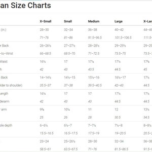 May include: A chart showing women's clothing sizes in inches and centimeters. The chart includes measurements for chest, center back, neck to wrist, back waist, length, cross back, shoulder to shoulder, arm length, underarm, upper arm, armhole depth, and waist.