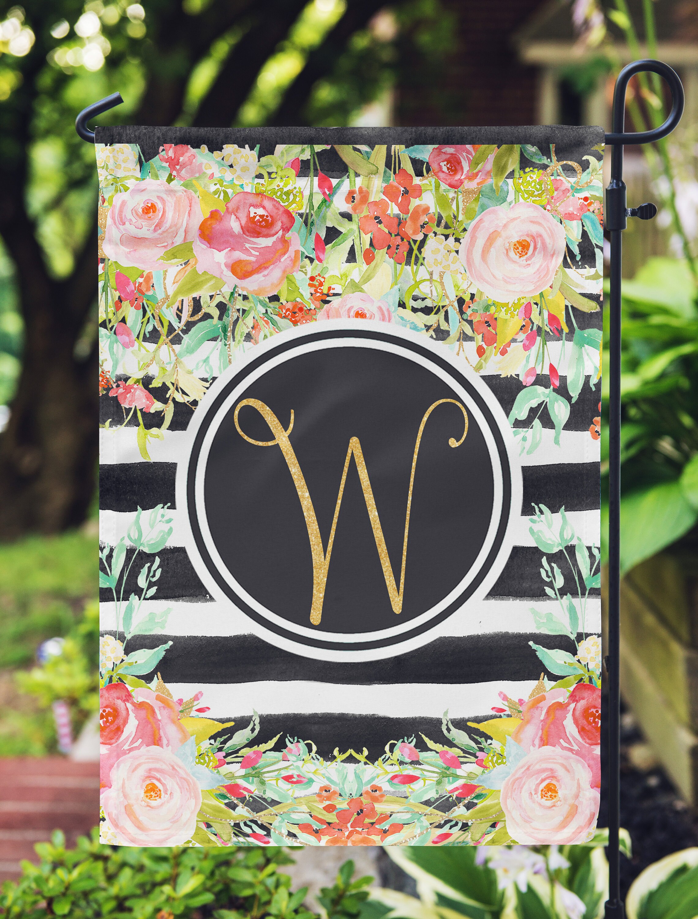 Floral Watercolor Garden Flag Monogram Yard Flag Etsy
