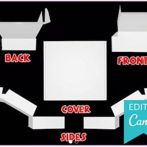 May include: Diagram showing the different parts of a box, including the front, back, cover, and sides. The text "Edit in Canva" is in a blue box.