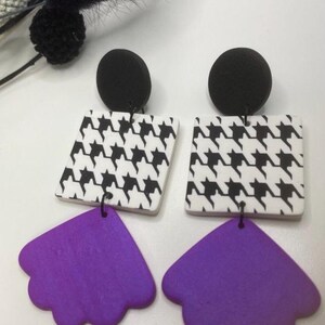 Clay Earrings, Houndstooth Black Purple Earrings, Statement Earrings, Dangle Earrings