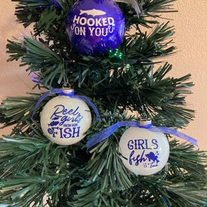 Glitter Christmas ornaments, girls fish too, for women, gift for her, girls fishing ornaments, hooked on fishing, Christmas Gift, set of 3