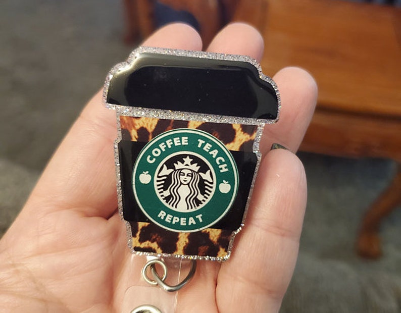 Leopard Starbucks teacher badge reelteacher gift teacher image 0