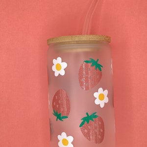 Strawberry flower frosted glass travel cup