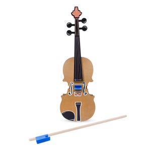 May include: A wooden violin with a light brown body, black strings, and a light brown bow. The violin has the letters GDAE printed on it. The bow has a blue holder. Musical instrument.