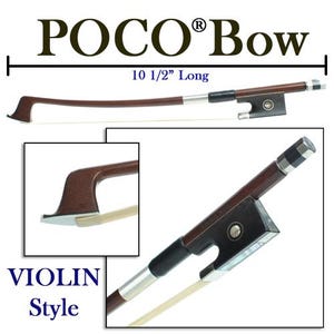 May include: A brown violin bow, 10 1/2 inches long, with the text "POCO Bow" and "VIOLIN Style". The bow features a dark brown wooden shaft, a black grip, and a silver-colored metal ferrule. The bow is designed for violin use.