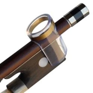May include: A clear plastic violin bow protector with a gold ring around the top. The protector is attached to a brown wooden violin bow.