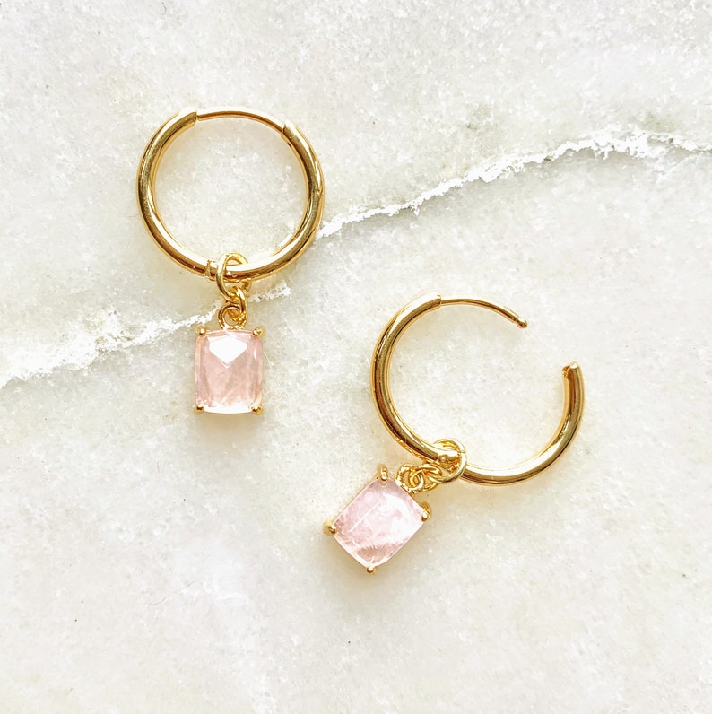 Birthstone Earrings Gemstone Earrings Rose Quartz Charm Hoop Earrings Free Shipping Small Gold Charm Earrings Dainty Birthstone Jewelry