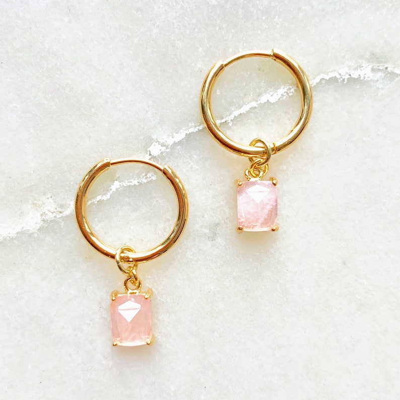 Birthstone Earrings Gemstone Earrings Rose Quartz Charm Hoop Earrings Free Shipping Small Gold Charm Earrings Dainty Birthstone Jewelry