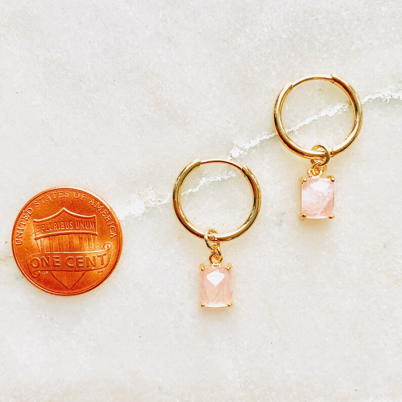 Birthstone Earrings Gemstone Earrings Rose Quartz Charm Hoop Earrings Free Shipping Small Gold Charm Earrings Dainty Birthstone Jewelry