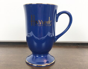 Harrods Harrods Knightsbridge Coffee Tea Cup Mug Footed Blue Cream Gold Trim Lettering 
