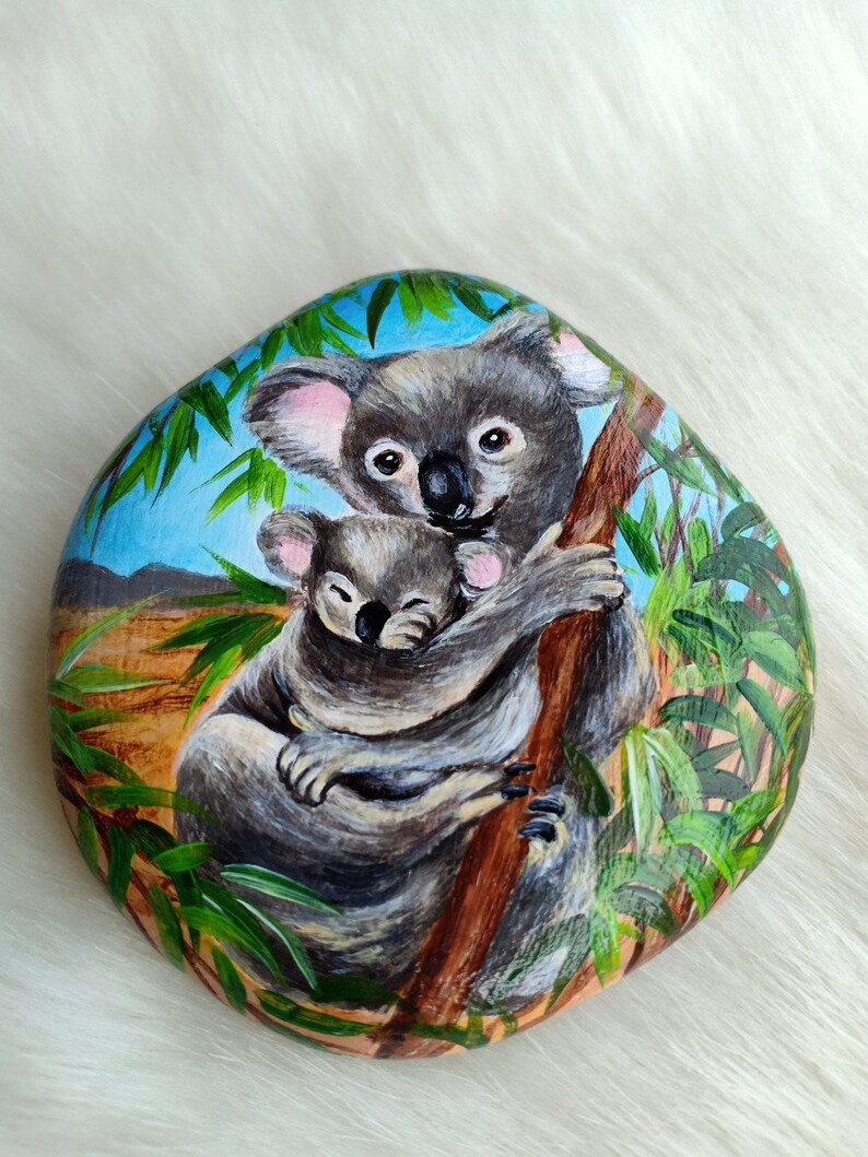 Ooak Hand Painted Lovely Cute Koalas On Natural Rock Stone Art Etsy