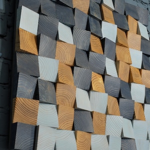 Handcrafted 3D Wood Wall Art – 27&quot;x27&quot; Geometric Pine Cube Panel in Navy & Light Blue