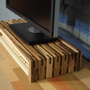 Wood Monitor Stand – Ergonomic Computer Riser for Desktop & iMac, Screen Riser with Keyboard Storage